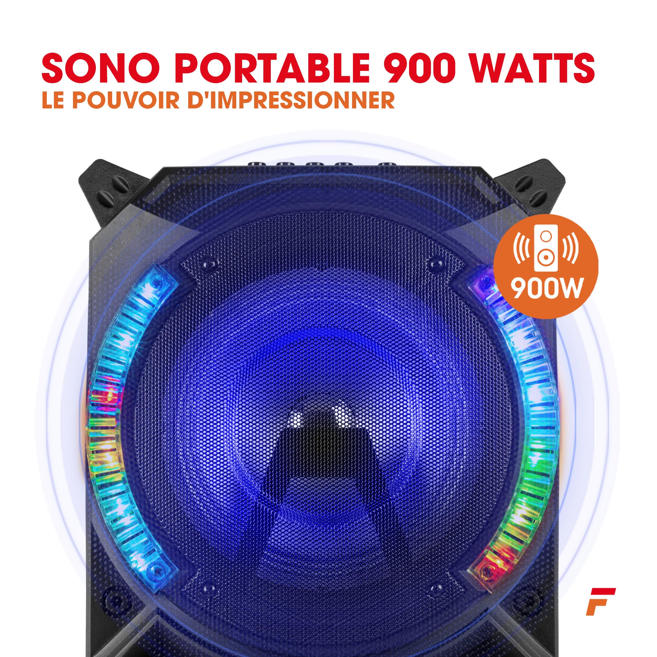 Fenton LIVE280 Enceinte Karaoke LED 2X 8”, 900W Max, 2 Microphones, Trolley et roulettes, Eclairage LED en Façade on/Off, USB et Micro SD, AUX, Connexion Bluetooth 5.0, sur Batterie ou Secteur