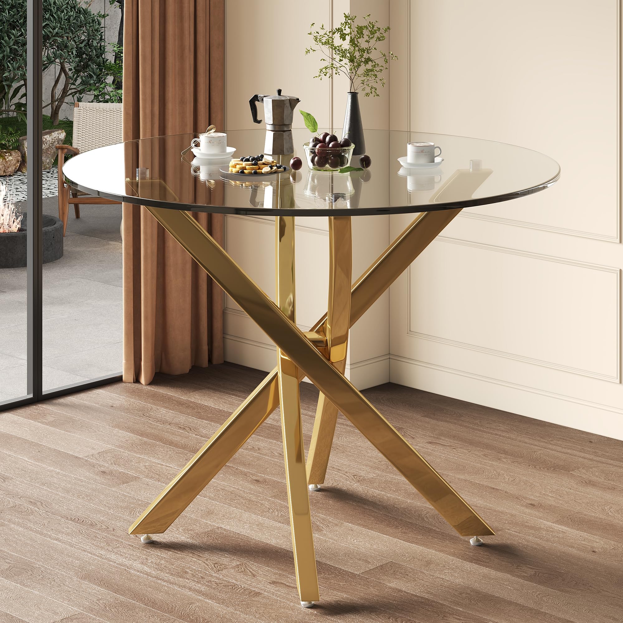 Tavolo da pranzo rotondo, 80 x 80 x 75 cm, piano in vetro, stile moderno, gambe dorate, può essere utilizzato come tavolino da caffè/tavolino d'appoggio, stile minimalista moderno, oro + vetro