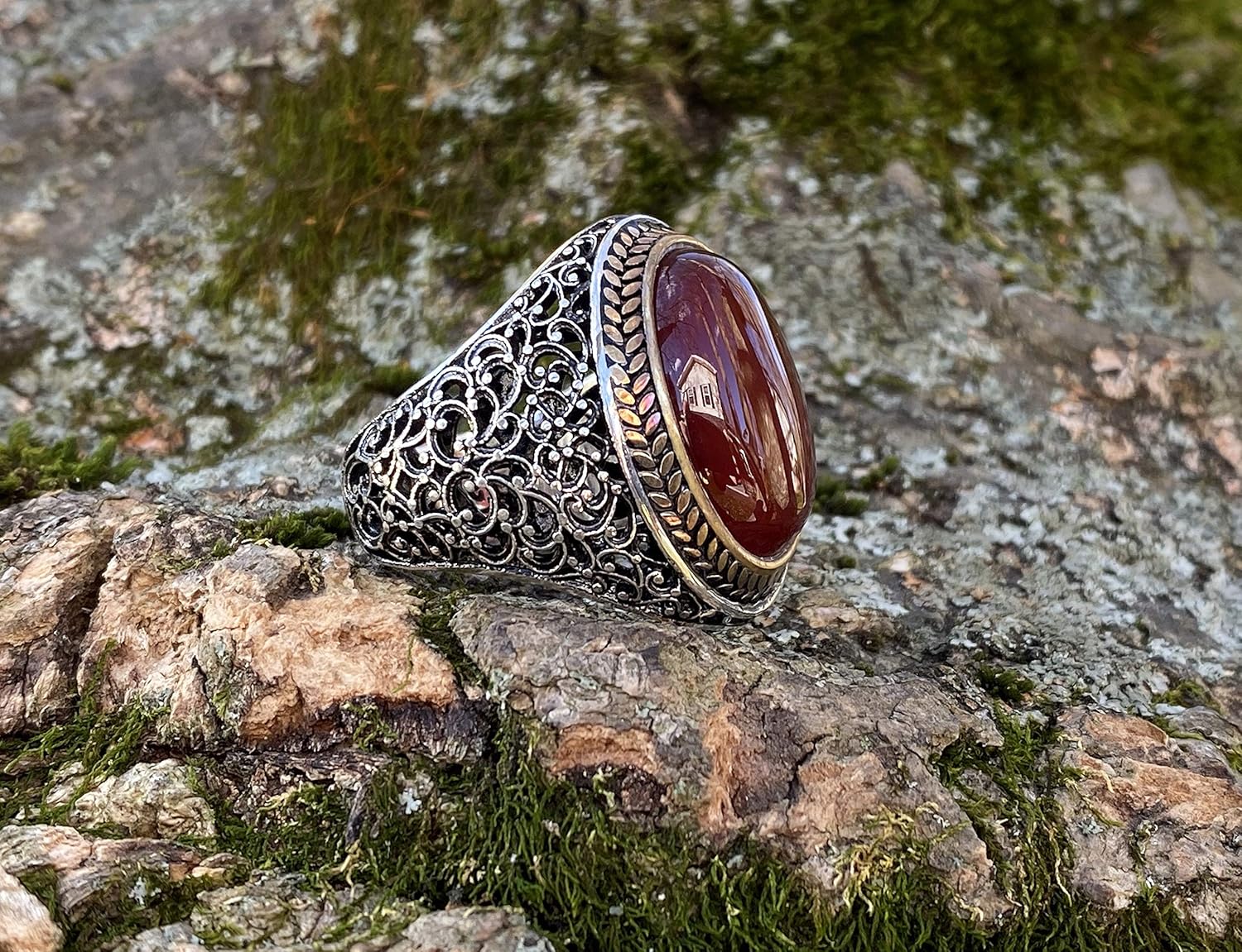 KAR 925K Stamped Sterling Silver Agate (Aqeeq) Men's Ring I1T