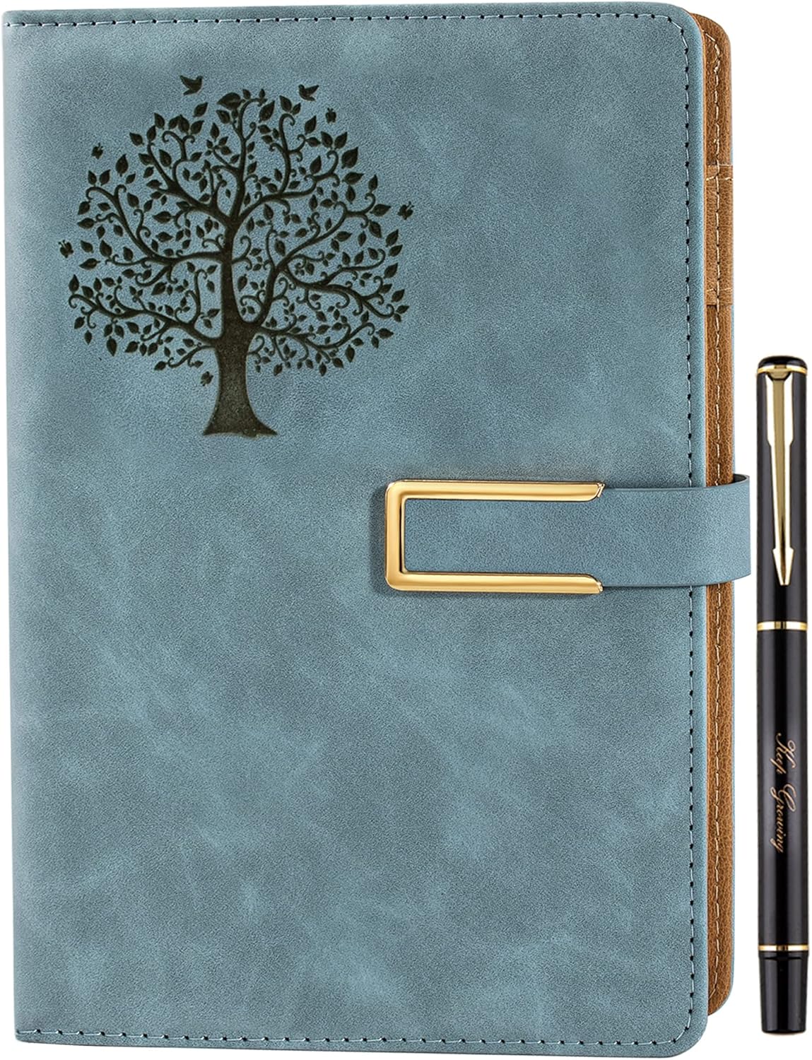 Fanery sue Tree of Life Refillable Writing Journal for WomenMen Faux Leather Hardcover Notebook A5 College Ruled 200 Lined Pages Lay-Flat Diary with PenMagnetic Buckle (Tree of Life-Light Blue)