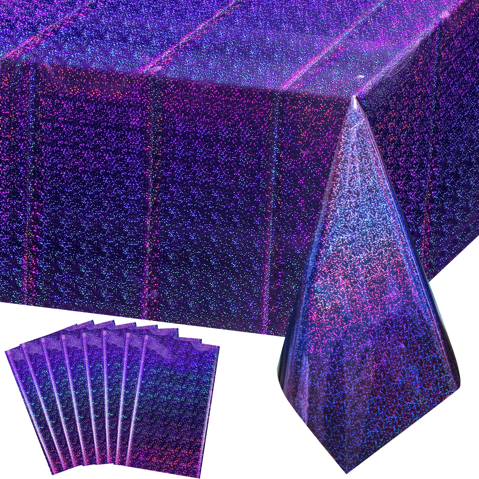 FunnyPars 8 Pack Iridescent Plastic Tablecloths Shiny Disposable Laser Rectangle Table Covers Holographic Foil Tablecloth Iridescent Kpop Birthday Bridal Wedding Party Decoration, 54"x108"(Purple)