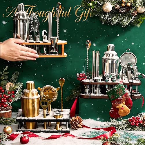 Miniatura 32 de KITESSENSU Juego de coctelera de camarero, juego de barra plateada de 6 piezas con soporte, kit de barra con herramientas esenciales para accesorios