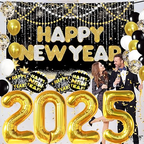 Miniatura 9 de KatchOn, Juego de suministros para fiesta de Año Nuevo 2024, grande, paquete de 44  Cartel de feliz año nuevo dorado y negro, números de globos