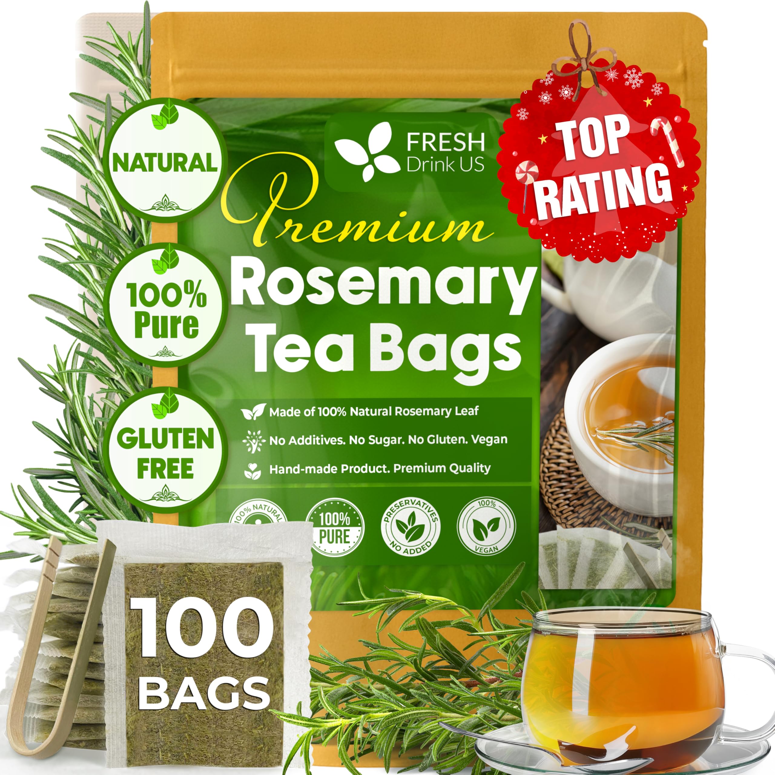 FreshDrinkUS, Premium 100 Rosemary Leaf Tea Bags, Made with 100% Natural Rosemary Dried Leaves, Pure Herbal Tea, No Additives, No Caffeine, No Gluten, Vegan.