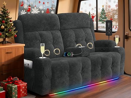 Miniatura 15 de Sofá reclinable para autocaravana, sillón reclinable de gran tamaño de 3 plazas con respaldo central abatible, cajones y portavasos, cama Negro