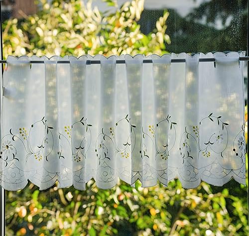 Miniatura 3 de KFL017 - Cenefas traslúcidas bordadas estilo pastoral, cenefas traslúcidas blancas para ventanas, 18 x 60 pulgadas, hojas verdes