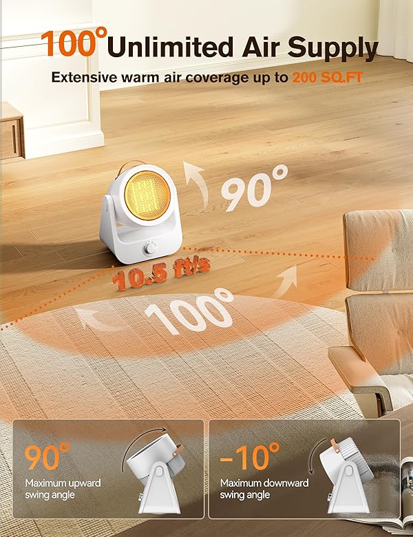 Electric Space Heaters For Indoor Use, 100°unlimited Oscillating, 2S Instant Heating, 1500W, Tip-Over & Overheat Protection, 2 Heating & Fan Modes, PTC Ceramic Electric Heaters For OfficeHome, White by FLOWBREEZE - Image 3
