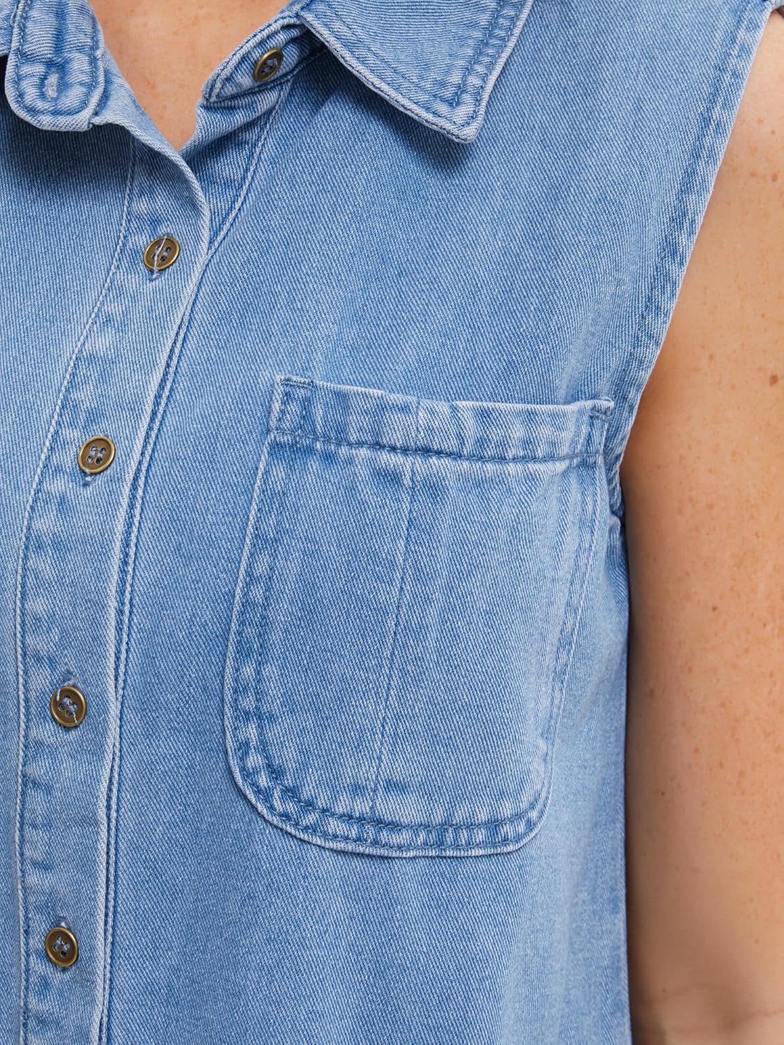 Women's Denim Tank Top Sleeveless Button Down Shirts with Pockets Collared Jean Shirt - Image 5