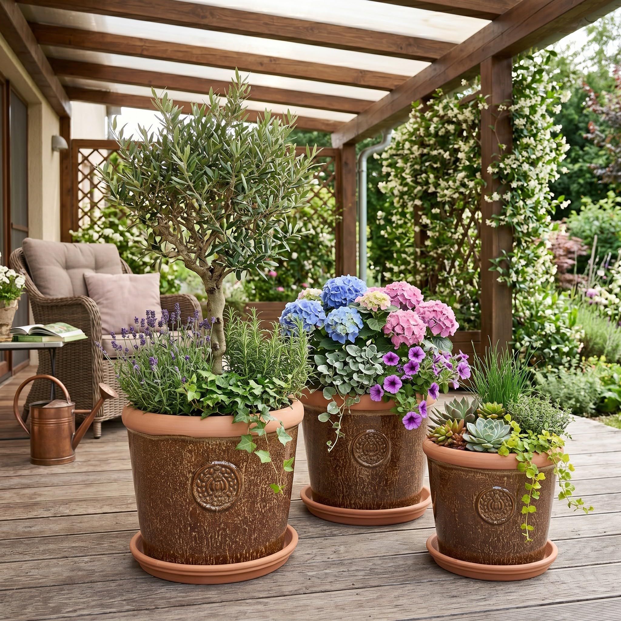 Teramico Pot de fleurs en céramique de qualité supérieure avec soucoupe (marron, 36 cm x 28 cm)