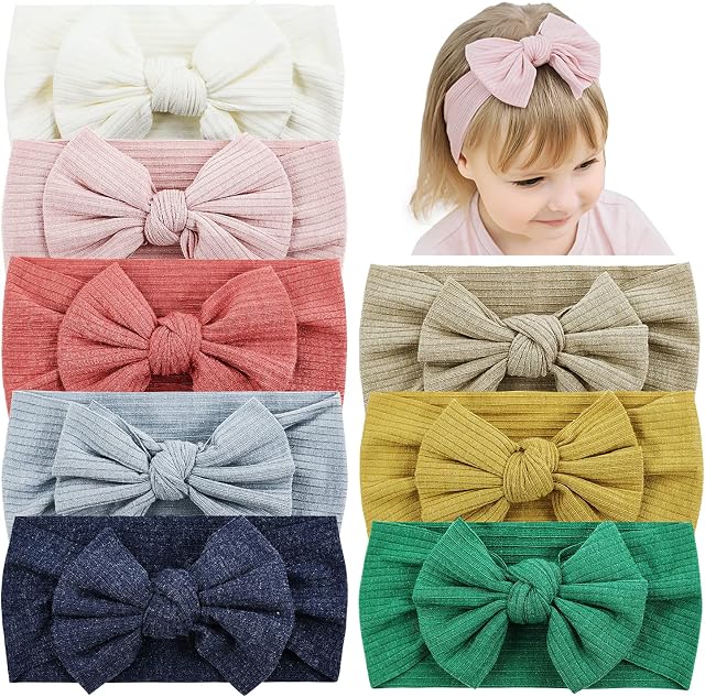 Cinaci 8 Pack Solid Stretchy Elastic Nylon Headbands with Bow Crochet Knit Hairbands Hair Accessories for Baby Girls Newborns Infants Toddlers Kids (8 Pack S3)