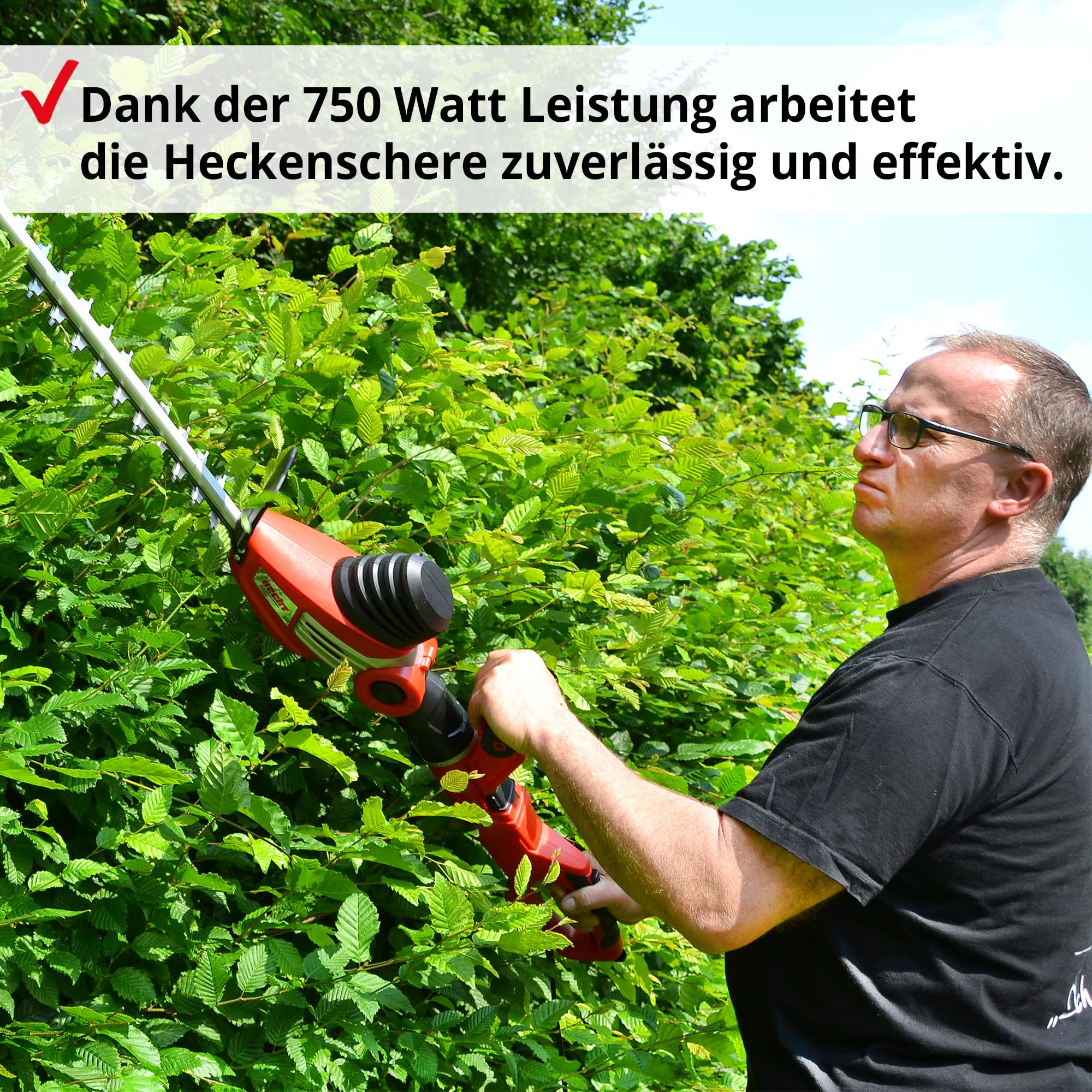 HECHT Elektro Teleskopheckenschere 750 W – 510 mm Schwert | Mit Teleskopstiel, abwinkelbarem Kopf und Tragegurt – elektrische Heckenschere für Hecken & Sträucher