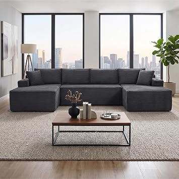 ivoros 125" Sectional Boneless Couch for Living Room, Modular Cloud Couch Sectional with Storage Pockets & Cup Holders, Modern Corduroy Modular Sofa, Dark Grey U-Shaped Compressed Sofa Couch in a Box