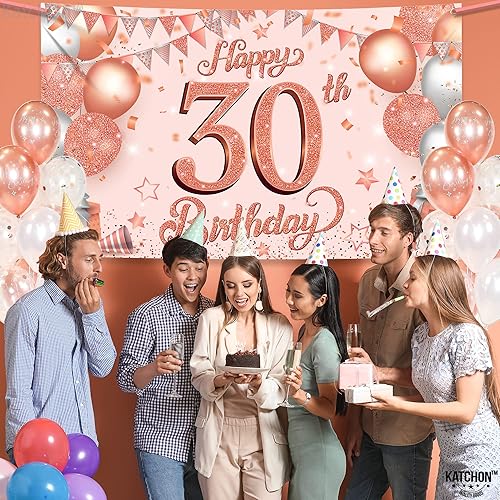 Miniatura 6 de KatchOn, Xtralarge - Cartel de feliz cumpleaños número 30, 72 x 44 pulgadas, pancarta de feliz cumpleaños de oro rosa, telón de fondo de 30