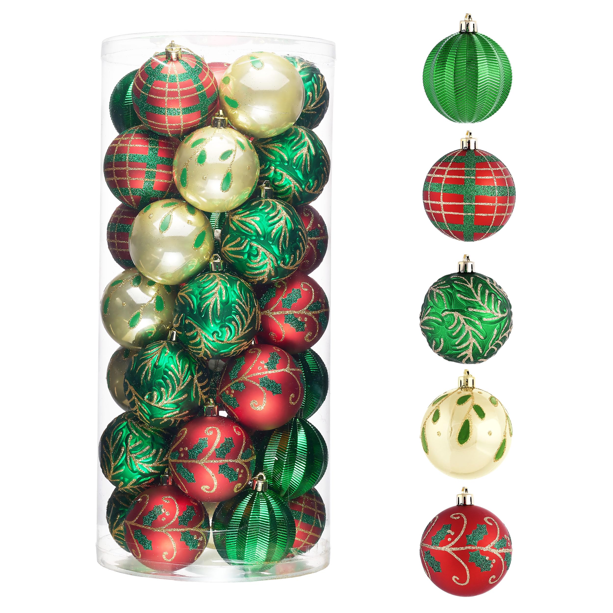 Valery Madelyn Boules de Noël traditionnelles incassables en or rouge et vert 35 carats 70 mm