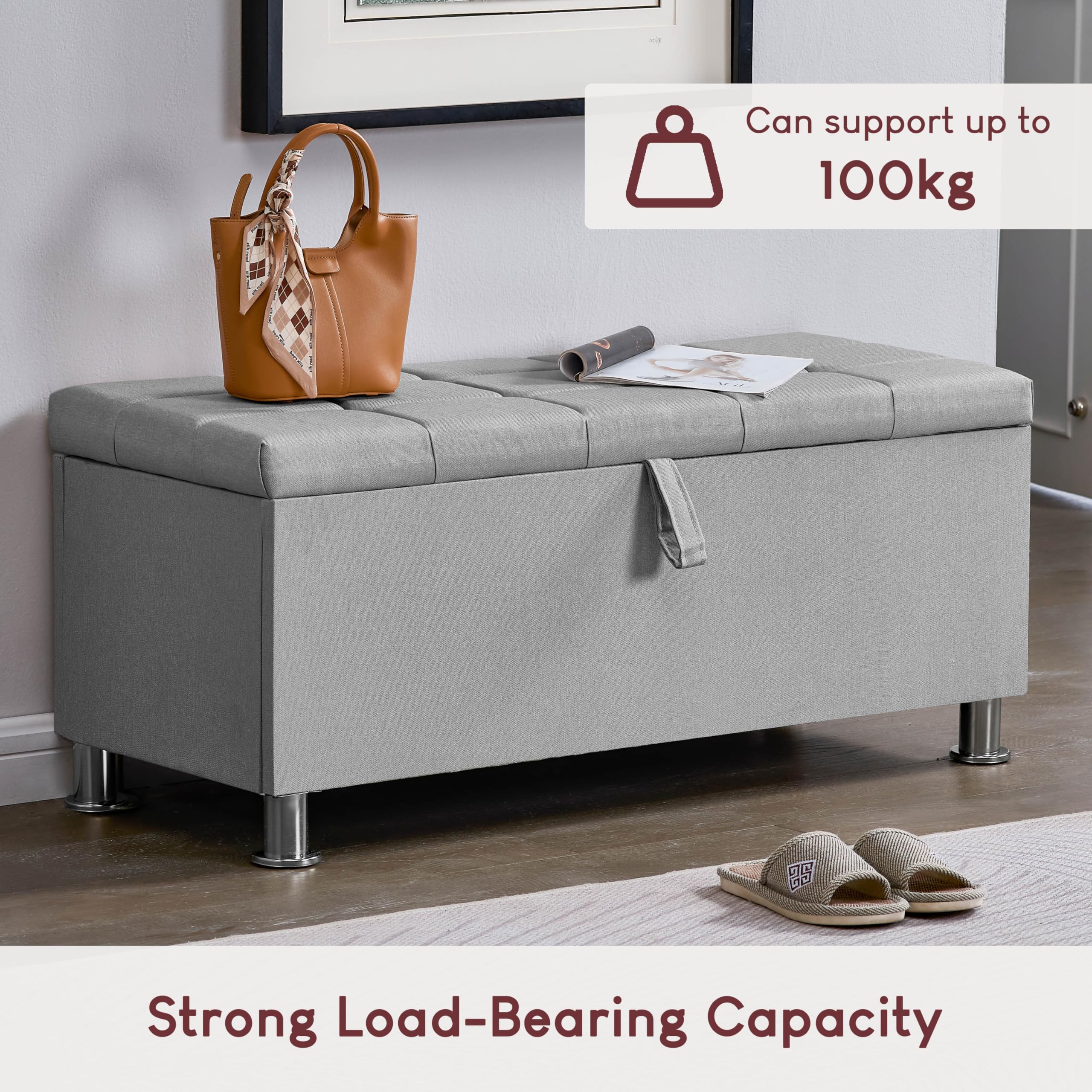 Vida Designs Valencia Pouf Ottomano, con Coperchio in Tessuto, Sedia, Sgabello, Panca per Finestra, Cassapanca, Cassapanca per Giocattoli, Pouf, Poggiapiedi, Lino Grigio Chiaro