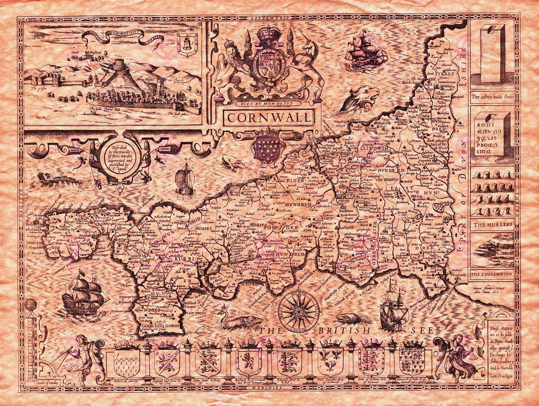 Doppelganger33 LTD Map Speed 1614 Cornwall County Old Large Replica Poster Print