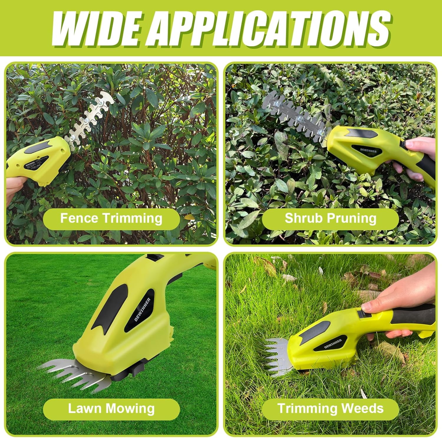 Examples of DEWINNER 2-in-1 tool applications: fence trimming, shrub pruning, lawn mowing, trimming weeds