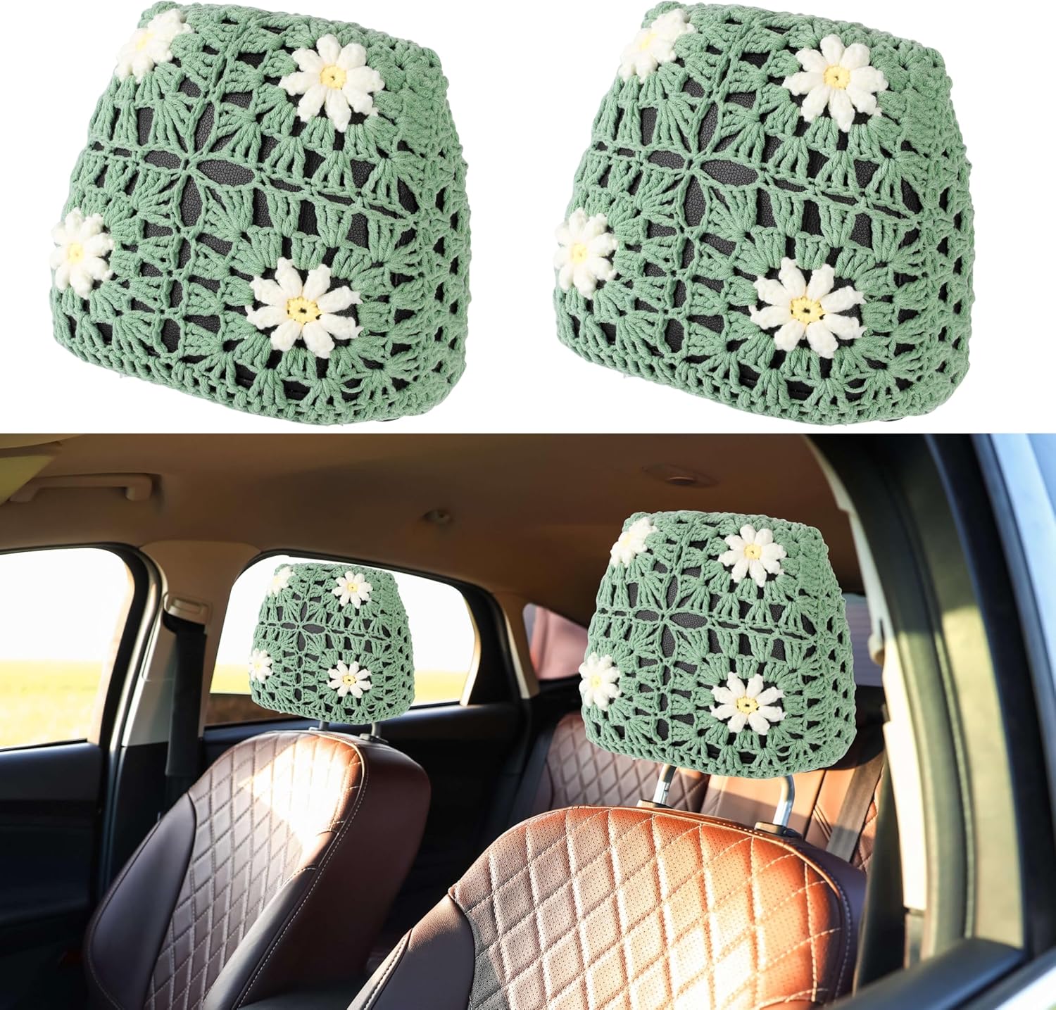 Crochet Seat Headrest Cover, Car Seat Pillow Protector, Cute Daisy Car Accessories for Women, Universal Seat Cover Boho Car Decor Fit Sedans,SUVs,Trucks-2 Packs (Blue-White Daisy)