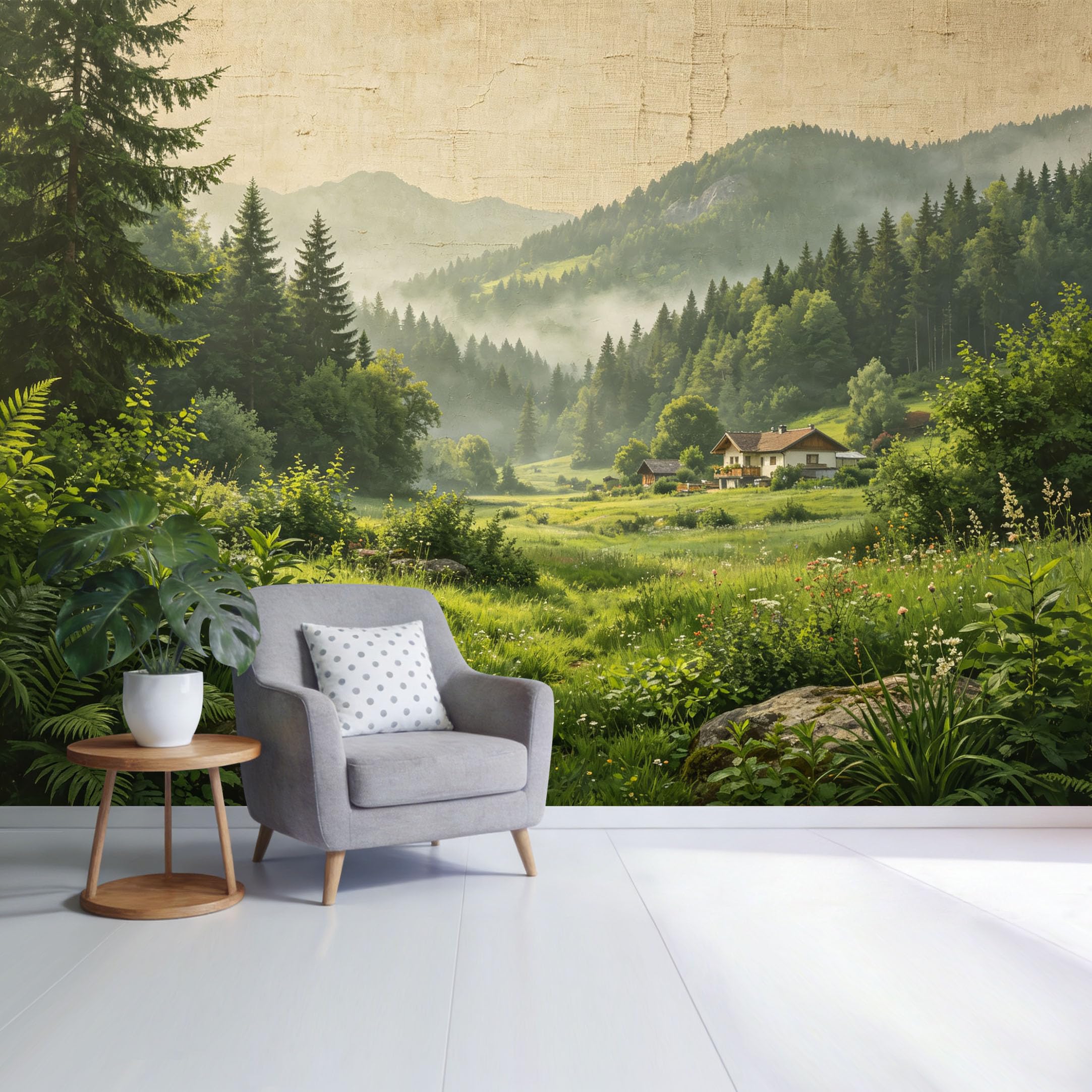 Custom Size Wall Mural Mountain Valley Forest Landscape Misty Morning Cottage Botanical Nature Scene SelfAdhesive Wall Fabric Removable Wallpaper for Home Office Decor