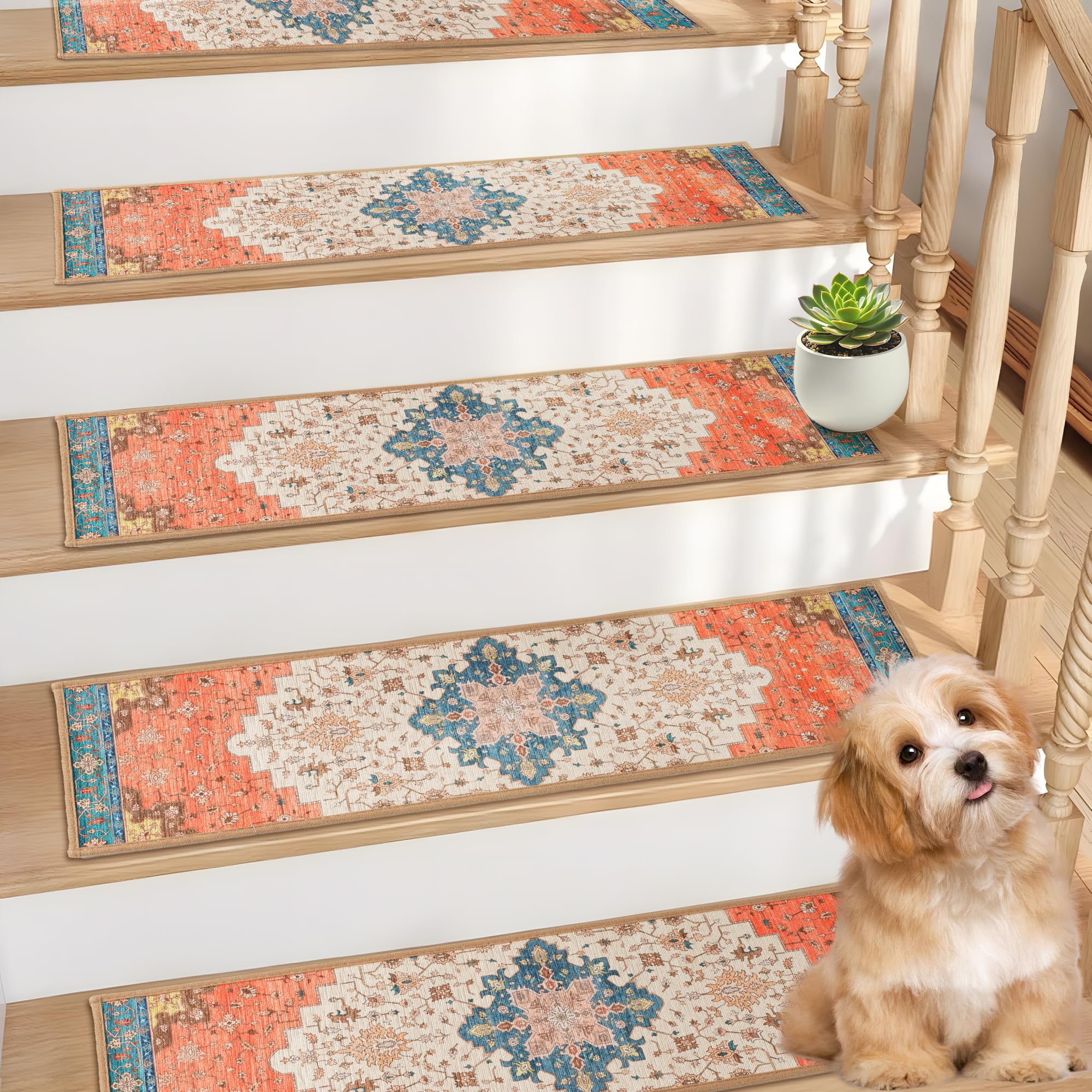 Stair Treads Non Slip, Carpet Stair Treads for Wooden Steps, Removal Indoor Stair Runner Rug with Reusable TPE Adhesive Backing,Residue Free Mat for