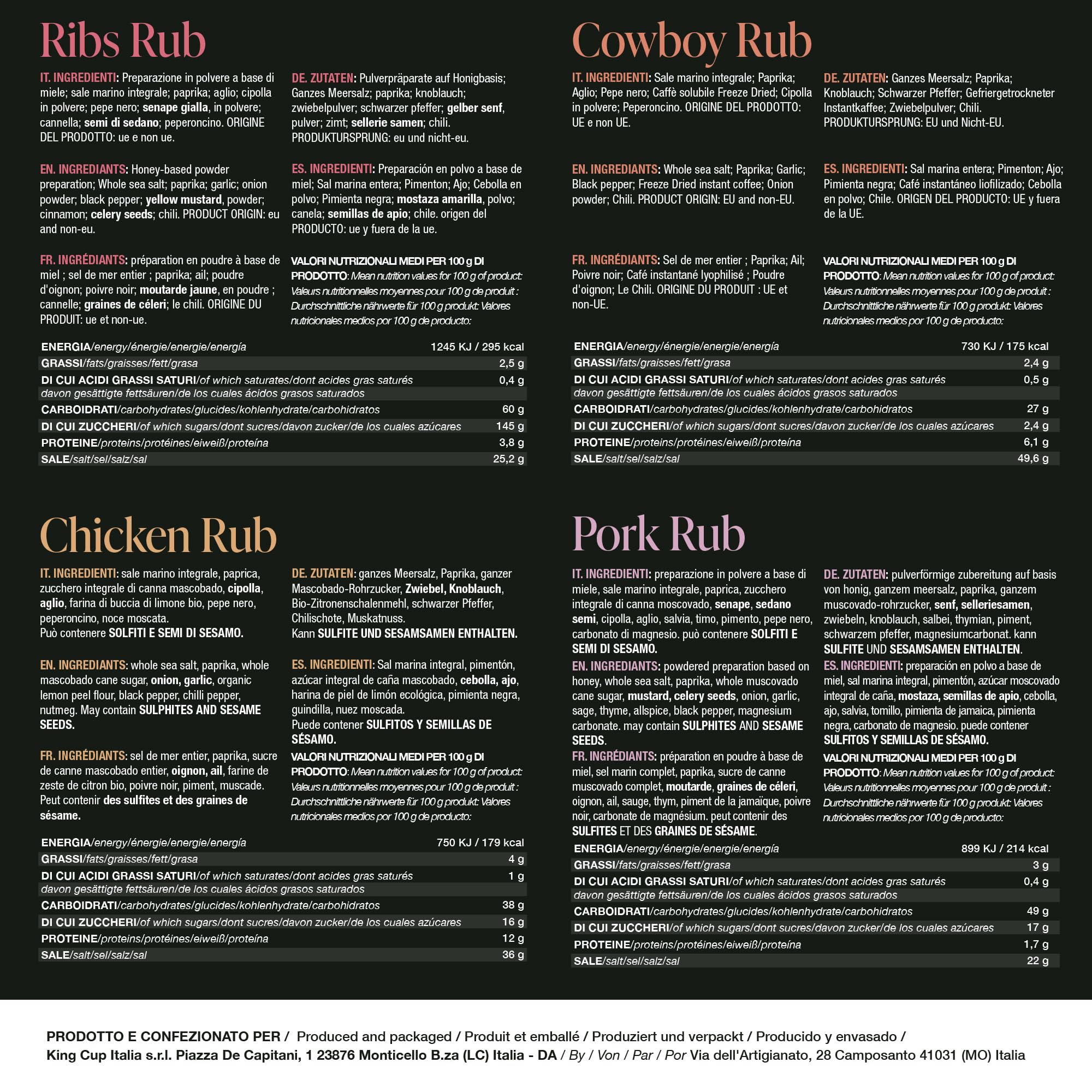 BBQ KING - Multi Pack Pitmaster Rub per Barbecue, 4 Confezioni da 70 Gr di Dry Rub Bbq, Miscela di Spezie 100% Made in Italy, 1 x Chicken Rub, 1 x Pork Rub, 1 x Ribs Rub e 1 x Cowboy Rub