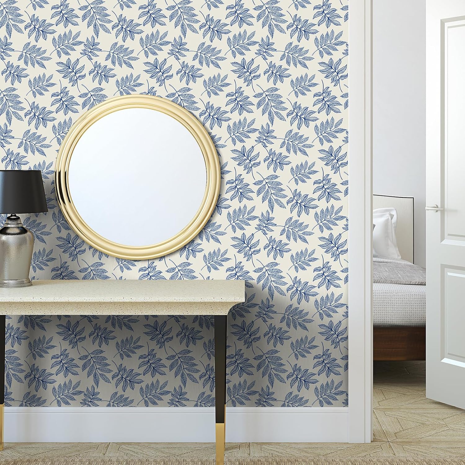 Boho Blue Leaf Wallpaper Peel and Stick Farmhouse Elegant Floral Wallpaper Self Adhesive Leaf Contact Paper for Shelf Cabinets Botanical Foliage Wall Paper for Living Room Bedroom 12"x118"