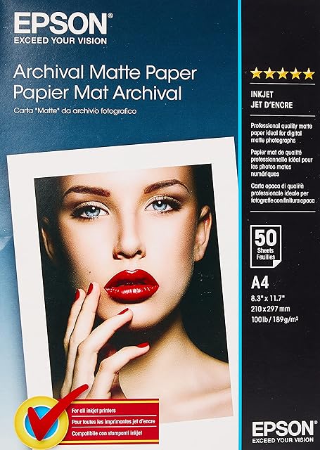 Epson C13S041342 Archival Matte Paper, A4, 210 x 297mm, 189 g/m2, 50 Sheets