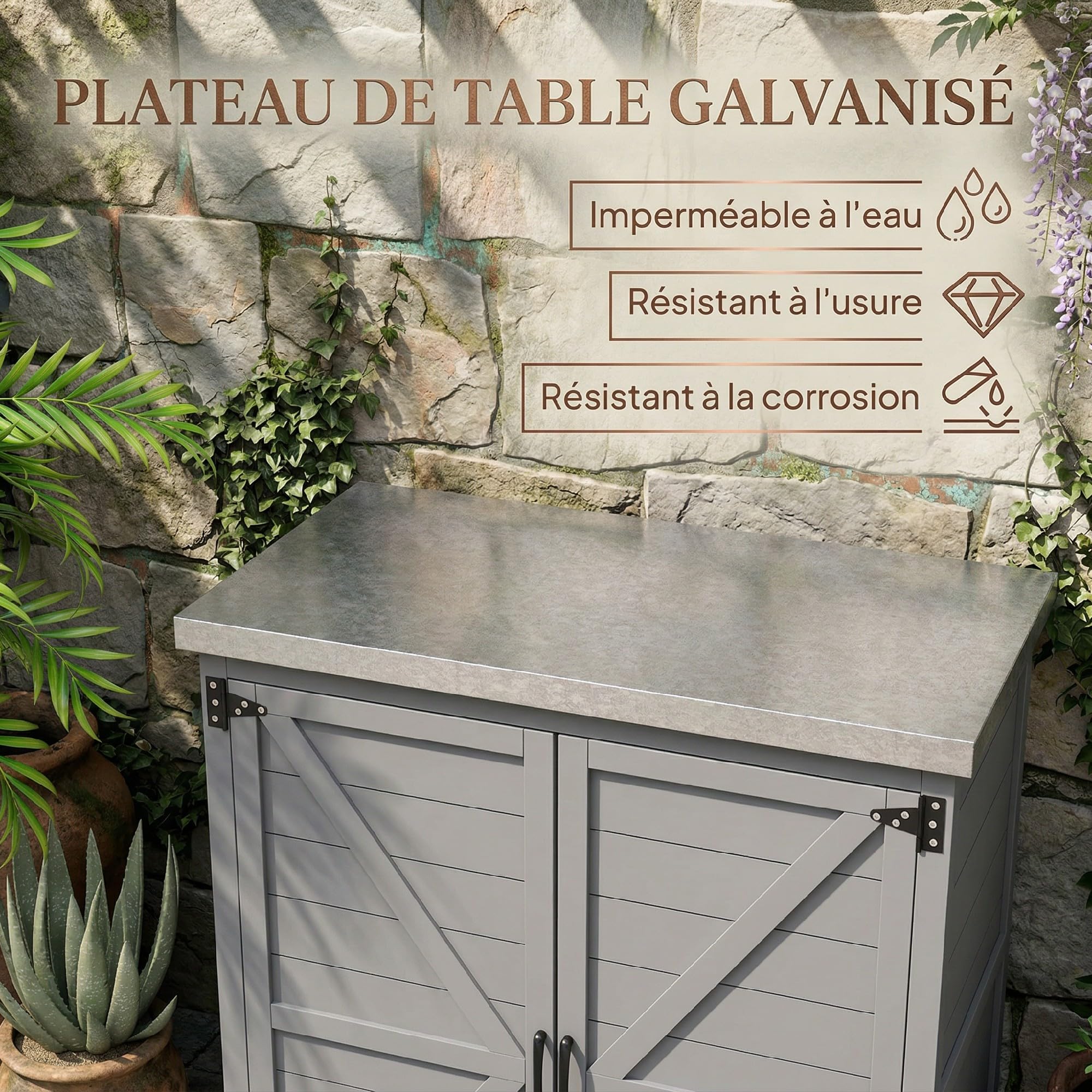 Outsunny Armoire de jardin en Bois Extérieur, armoire de rangement de Jardin, Table de Jardinage avec Plan de Travail en acier galvanisé, étagère Double Porte, pour Extérieur Intérieur 79x43x92cm gris