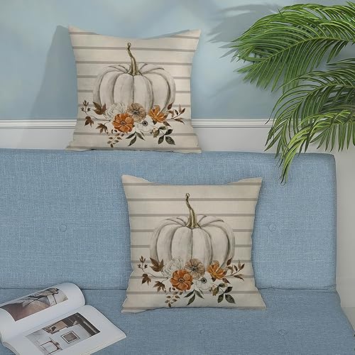 Miniatura 5 de Juego de 2 fundas de almohada de otoño de 18 x 18 pulgadas, decoración de otoño a rayas blancas de calabaza para otoño, Acción de Gracias,
