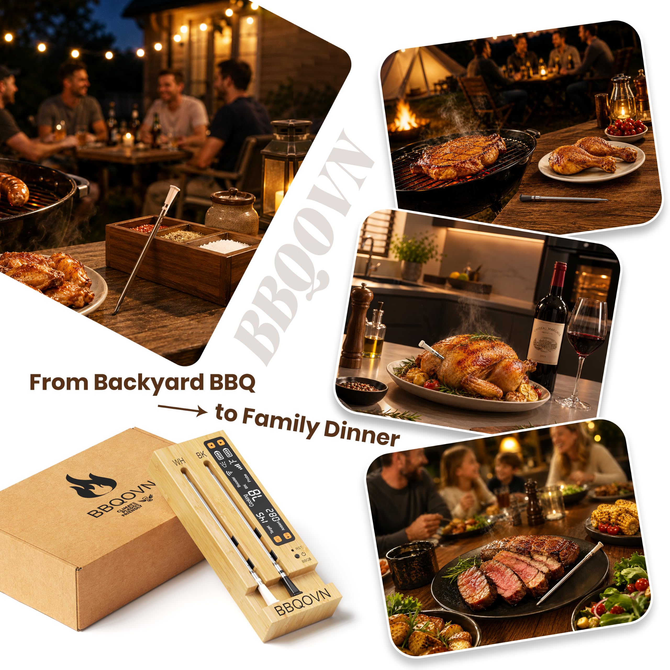 BBQOVN Termómetro inalámbrico WiFi Sub-1G para carne, rango ilimitado, 7 sensores certificados NIST con temperatura ambiente, 2 formas de monitoreo de temperatura, base inteligente digital y