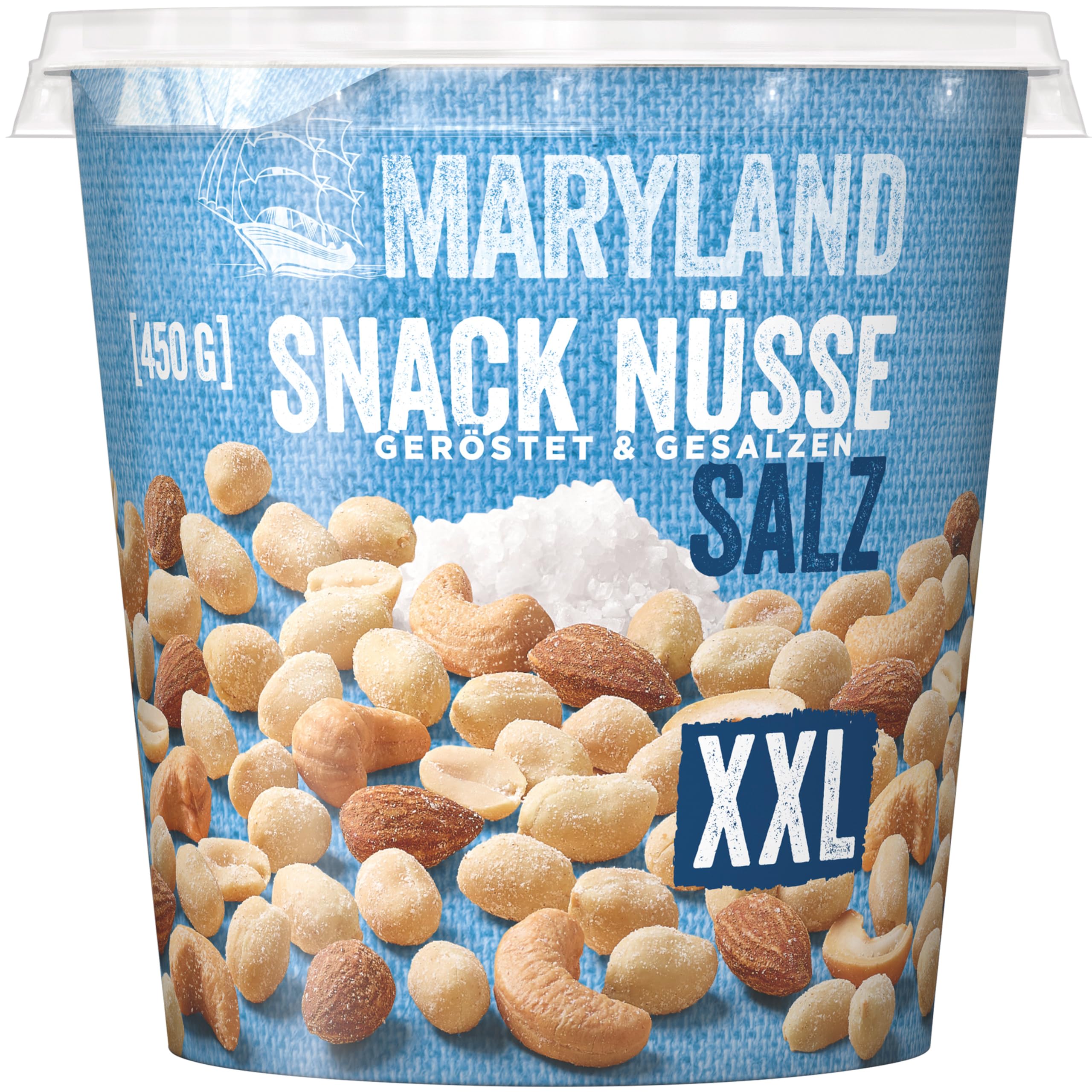 Maryland Snack Nüsse geröstet & gesalzen XXL 12 x 450g Becher - Erdnüsse, Cashewkerne und Mandeln in Nussmischung - klassisch geröstet & gesalzen - wiederverschließbarer Becher (12 x 450 g XXL)