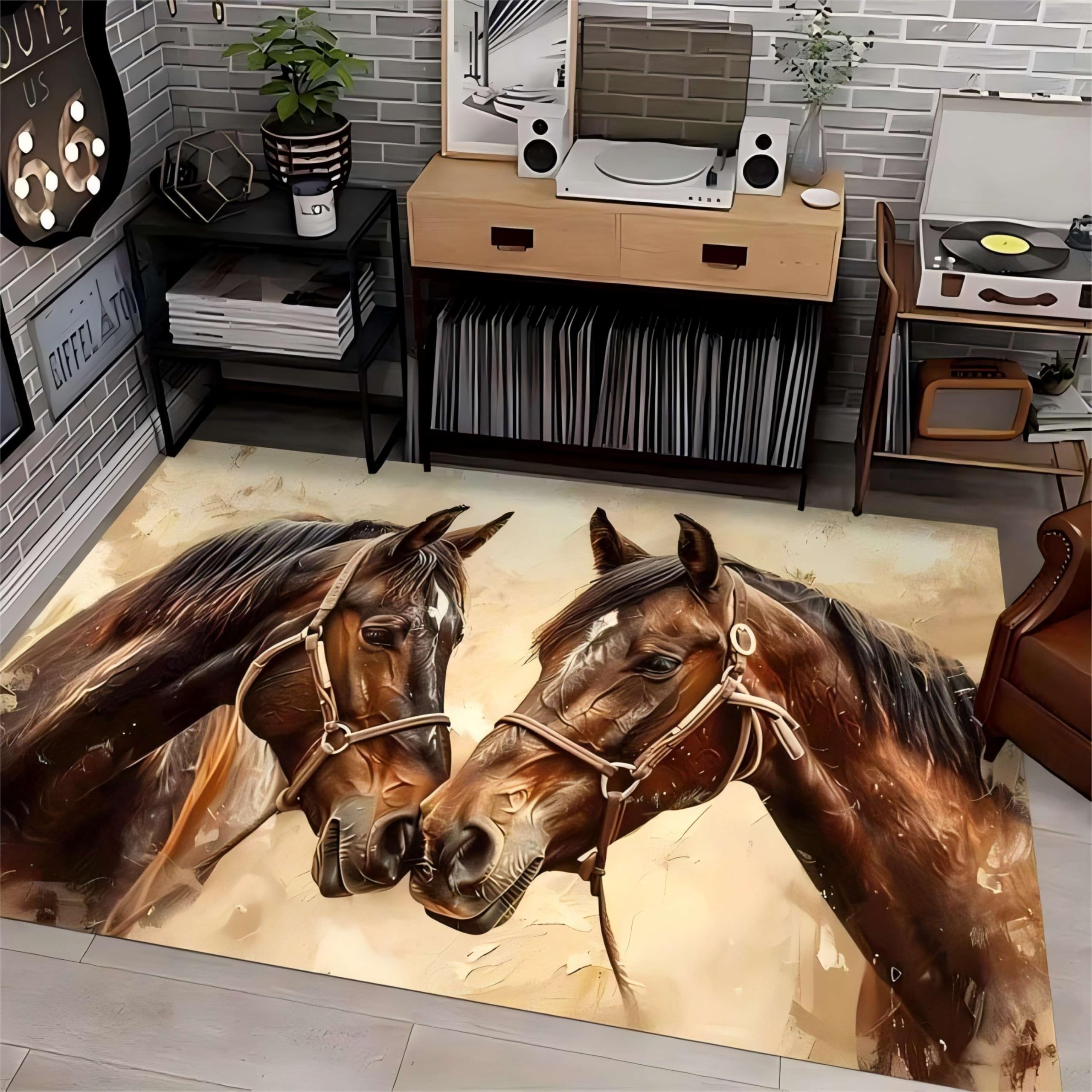 Vintage Animal Area Rug, 180x300cm Beautiful Artistic Brown Horse Print Rugs From Countryside West, Washable, Soft and Non-Slip Wildlife Playmat for Living Room, Bedroom and Entryway Home DΓ©cor