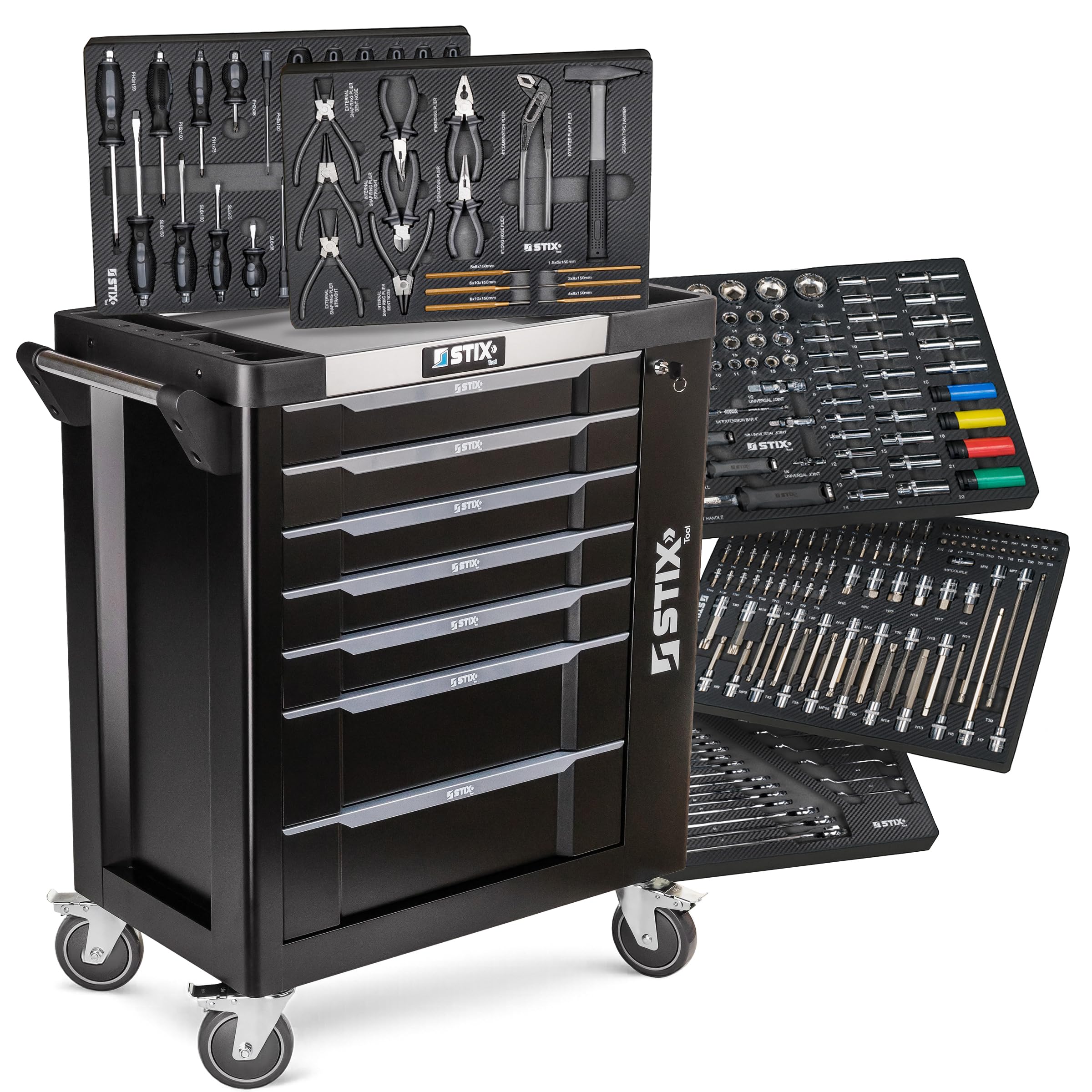 Stix UltimatePro A7/TS1 Carro de herramientas para taller con 267 herramientas Cr-V, 7 cajones, superficie de trabajo de acero inoxidable, gabinete lateral