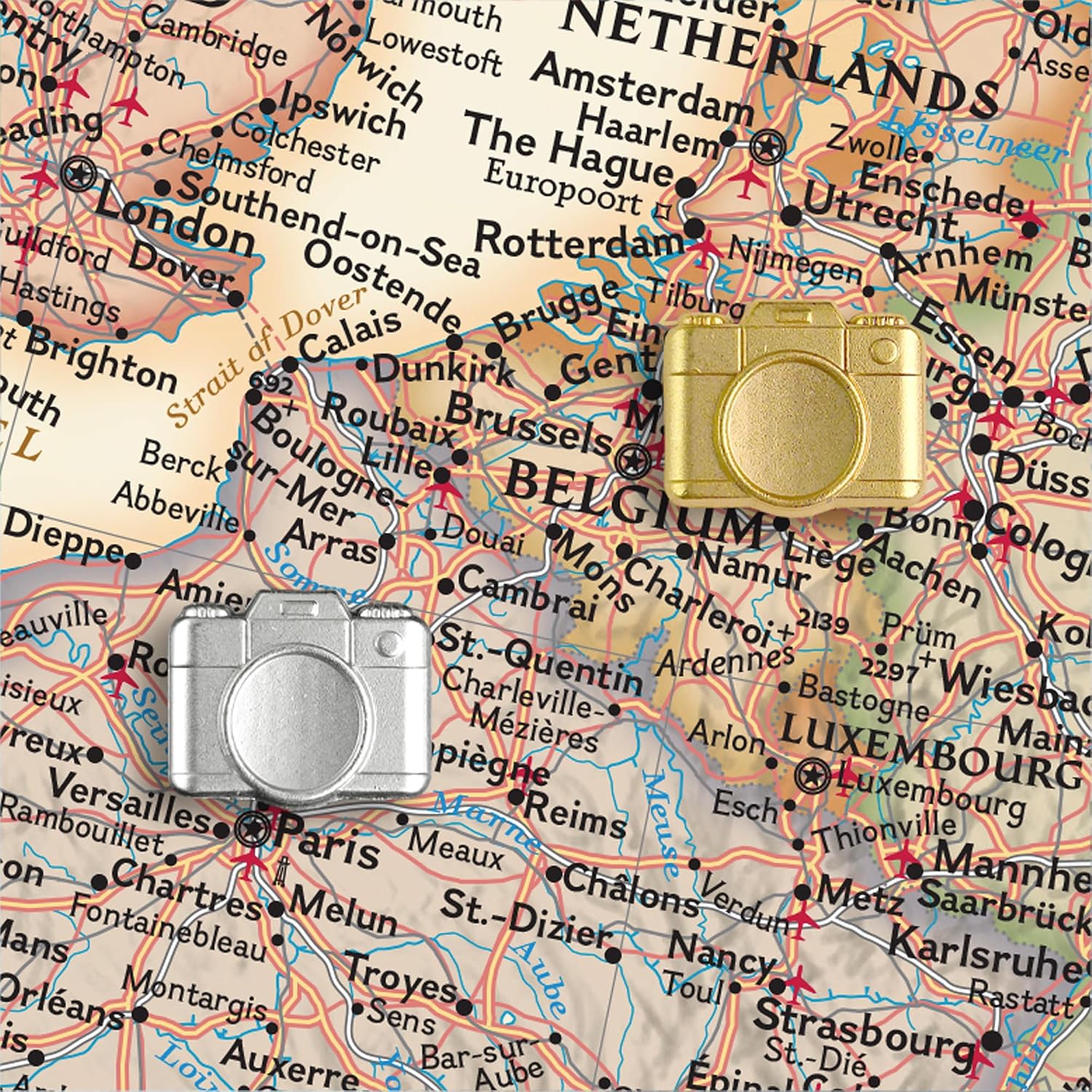 Camera Push Pins - Gold Metal Camera Pins - for Cork Board, Maps, or Lapel Pin Use - Designed in USA - Set of 20