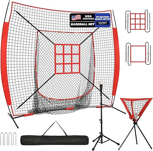 Red de béisbol, 7x7 pies de béisbol y sóftbol con zona de golpeo para práctica de bateo, lanzamiento y fildeo, montaje rápido, portátil, con bate de