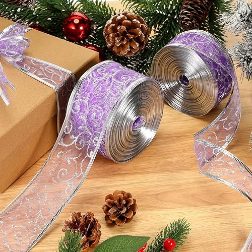 Miniatura 6 de WILLBOND 80 yardas, 2 rollos de cinta navideña con alambre de organza con purpurina para guirnalda de árbol de Navidad, cinta transparente en