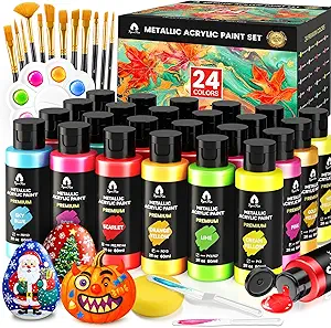 40-Piece Metallic Acrylic Paint Set with 12 Brushes, 2 Knives & Palette – 24 Vibrant Colors (2oz/60ml), Non-Toxic Art Kit for Adults, Kids, Artists & Beginners on Canvas, Wood, Rock & Ceramic