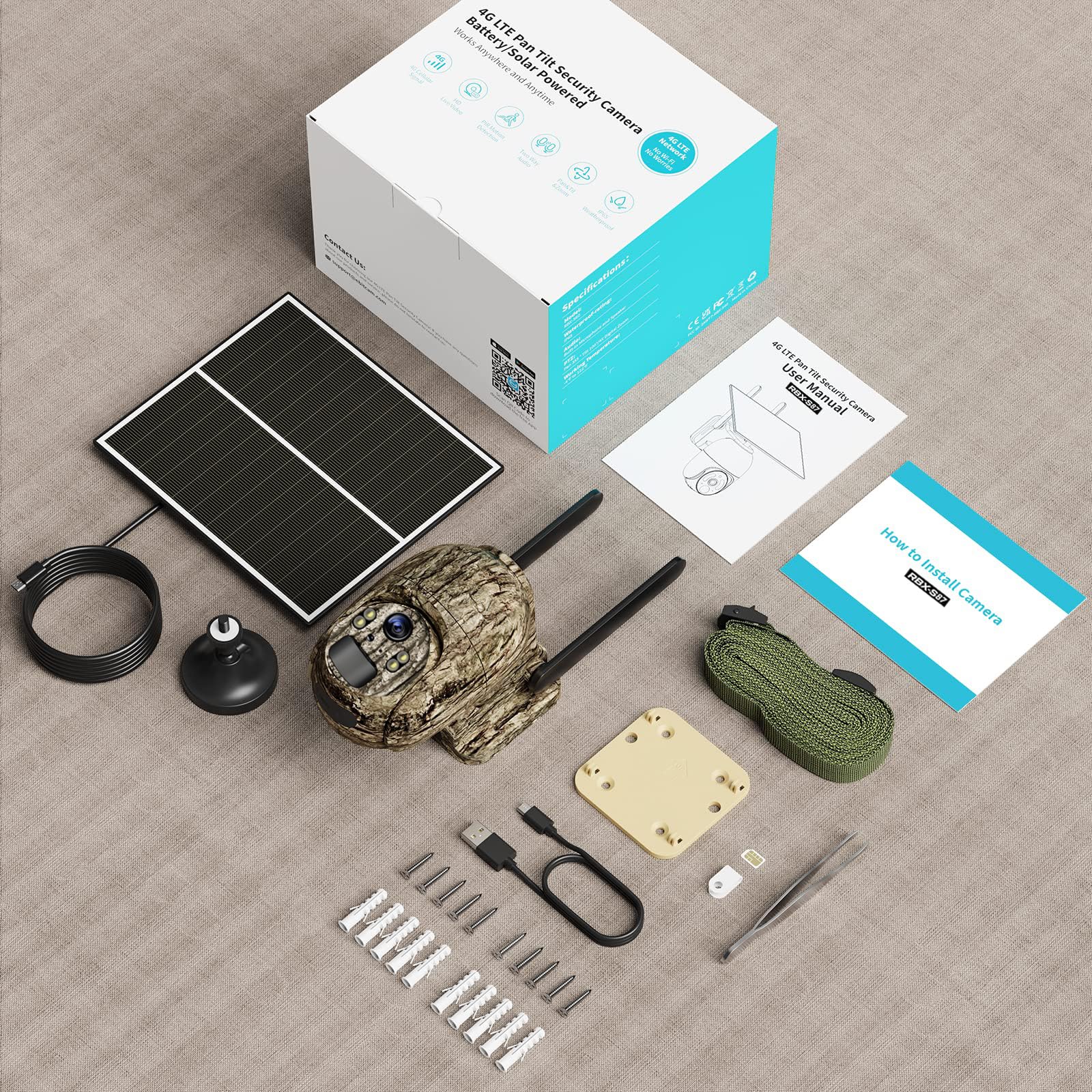 Cámara de Vigilancia Exterior Solar 4G LTE, 4K Visión Nocturna en Color, PTZ 360°, Detección de Movimiento, Audio Bidireccional, IP66 Impermeable, Sin WiFi con Tarjeta SIM