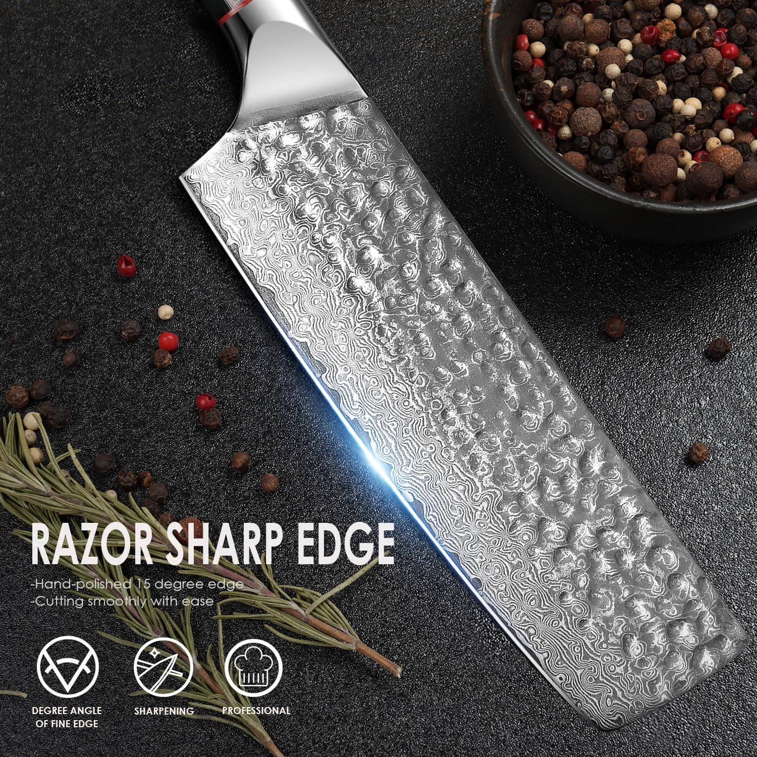 Home Safety Mannaia Cinese Damasco 17,4 cm 67 Strato VG-10 Acciaio di Damasco, Coltello Professionale per Carne con Impugnatura Ergonomica