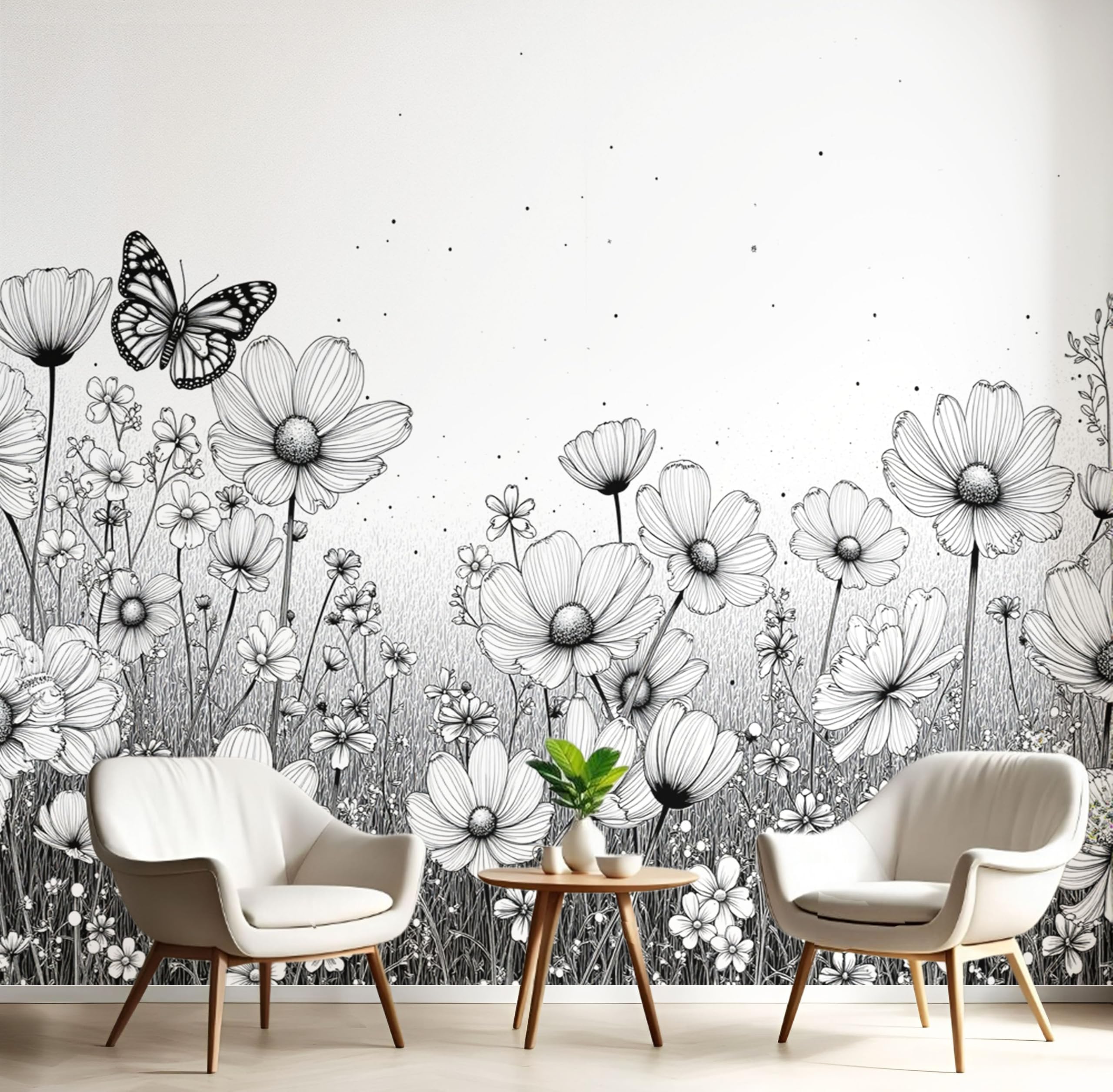 Fototapete, 450x315cm Wandtapete Garten-Tuschezeichnung XXL Seide Tapeten Wildblumen Und Schmetterlinge 3D Effekt Wallpaper Wandbilder Wanddeko für Wohnzimmer Schlafzimmer, Grau