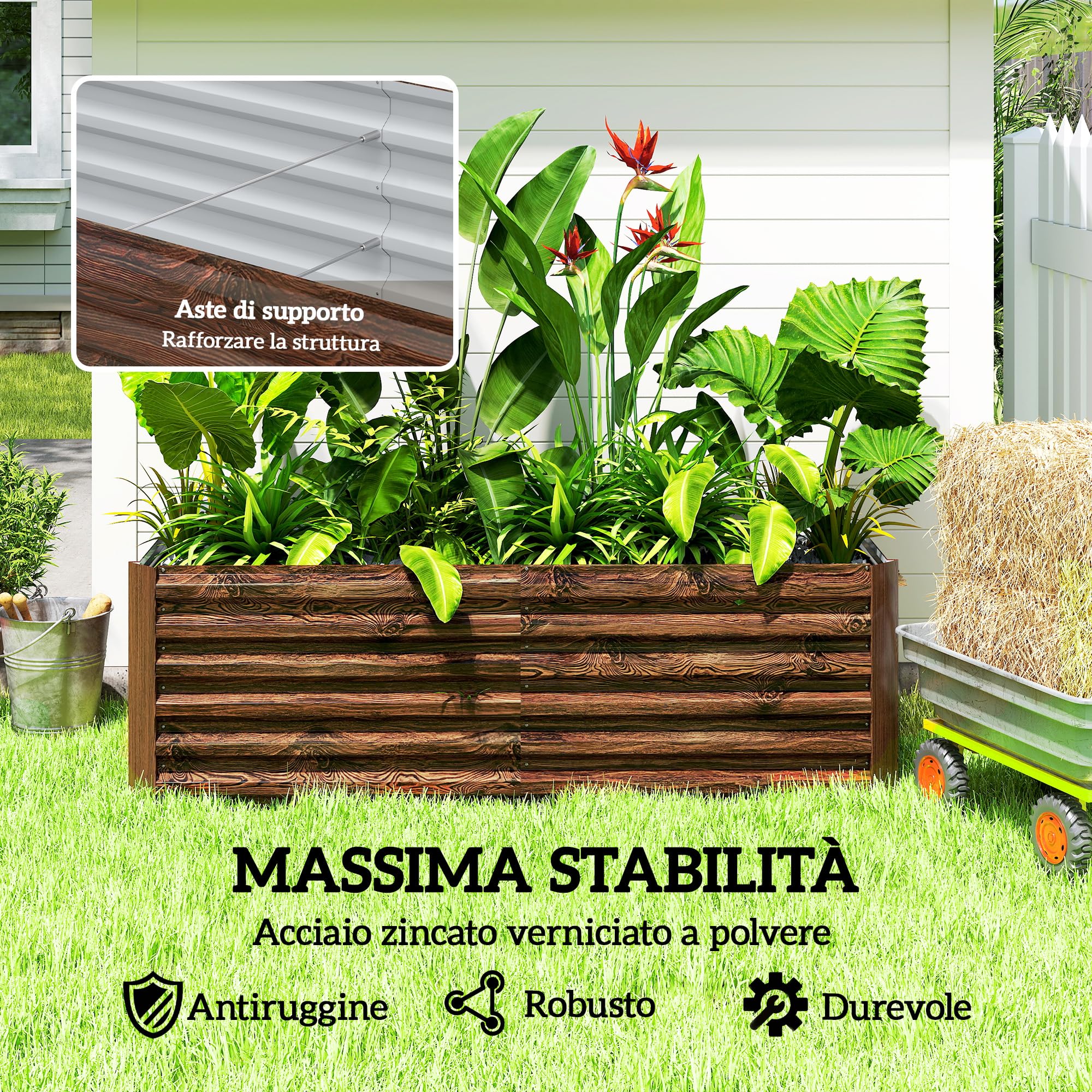 Outsunny Letto per Orto Rialzato da Esterno 180x90x57.5 cm Marrone Scuro | Fondo Aperto, Barre di Supporto, Fioriera da Esterno in Acciaio Zincato, per Fiori Verdure, Balcone Giardino