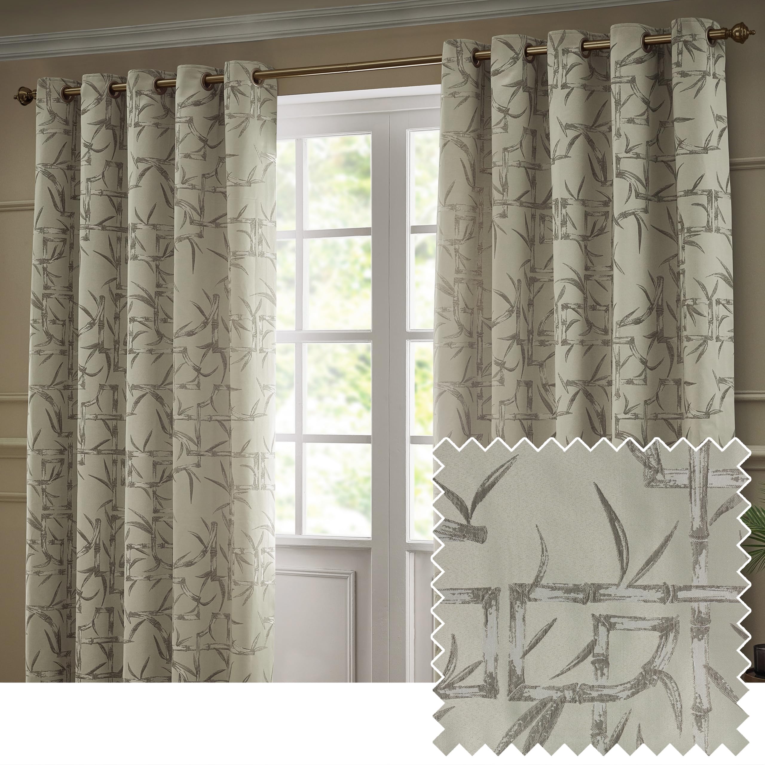 Paoletti Unisex Beige Bamboo Fully Lined Jacquard Eyelet Curtain Pair In | Size: 168Cm Width X 183Cm Drop