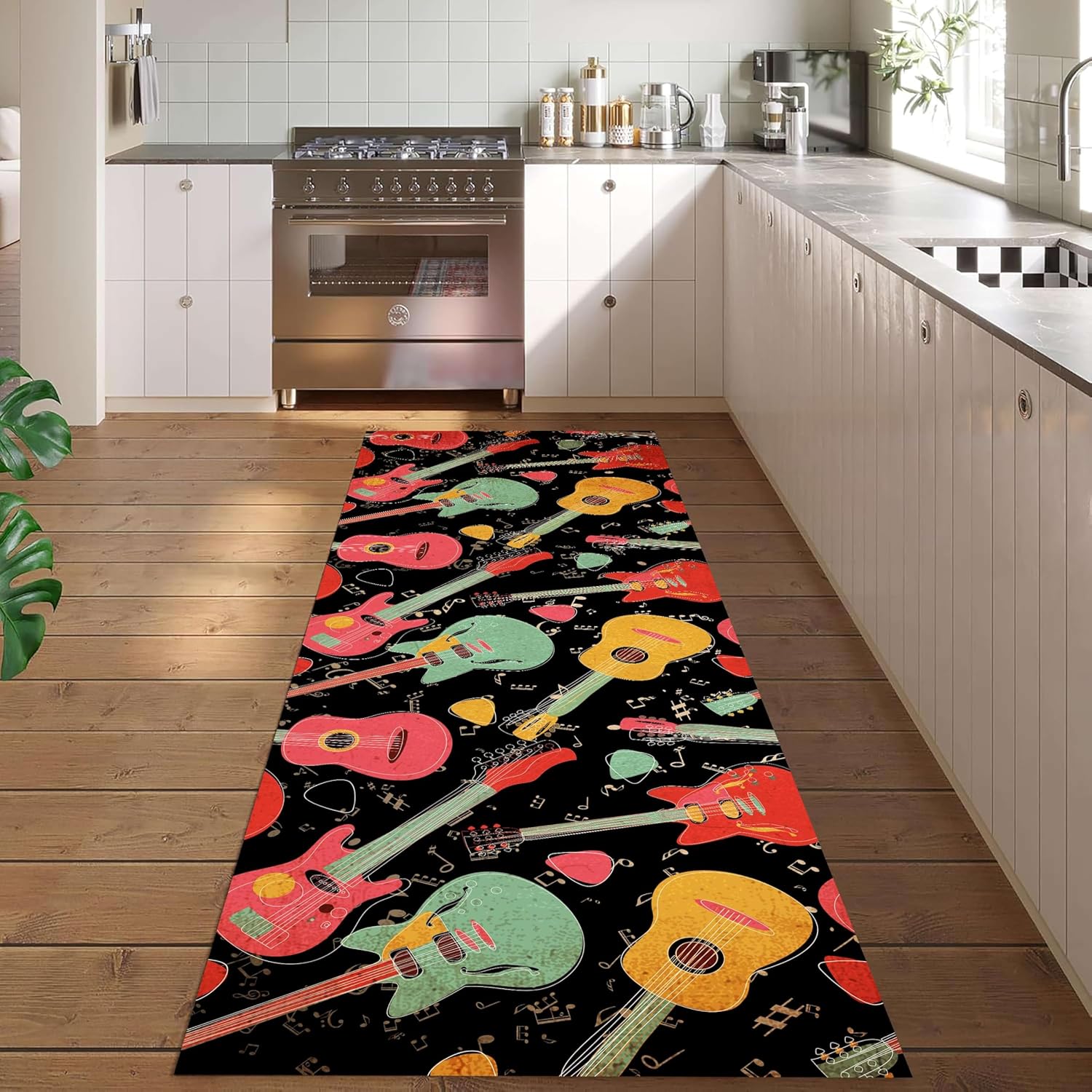 Guitar Runner Hallway Rug, 2x6ft Pink Yellow and Green Electric Guitar Washable Rug, Non-Slip Durable Kids Rug, Decorative Music Room, Kids Room Playroom Bedroom Floor Mat Doormat