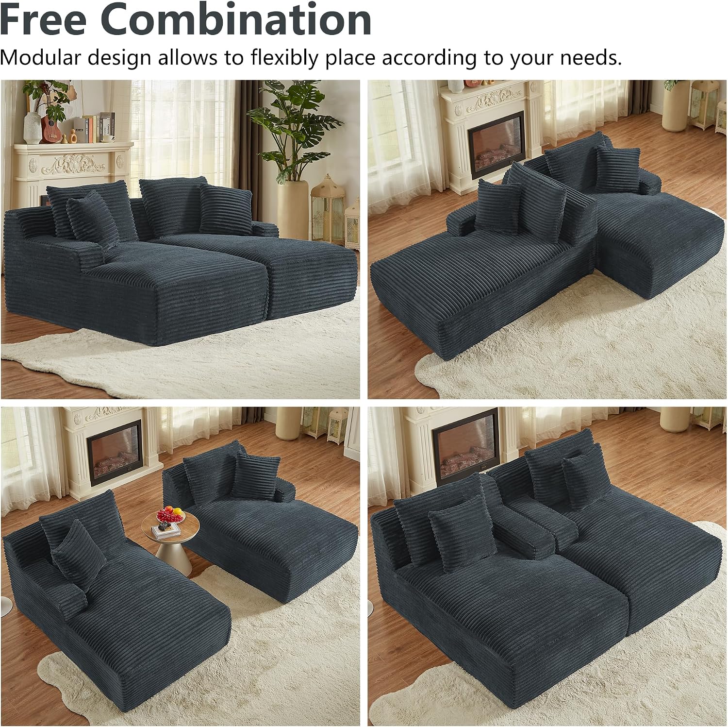 Oversized Double Chaise Lounge Chair Indoor, 78.8" Boneless Loveseat with Pillows & Armrest, Corduroy Sleeper Sofa Bed with Deep Seat, Comfy Cloud Couches for Living Room, Dark Grey