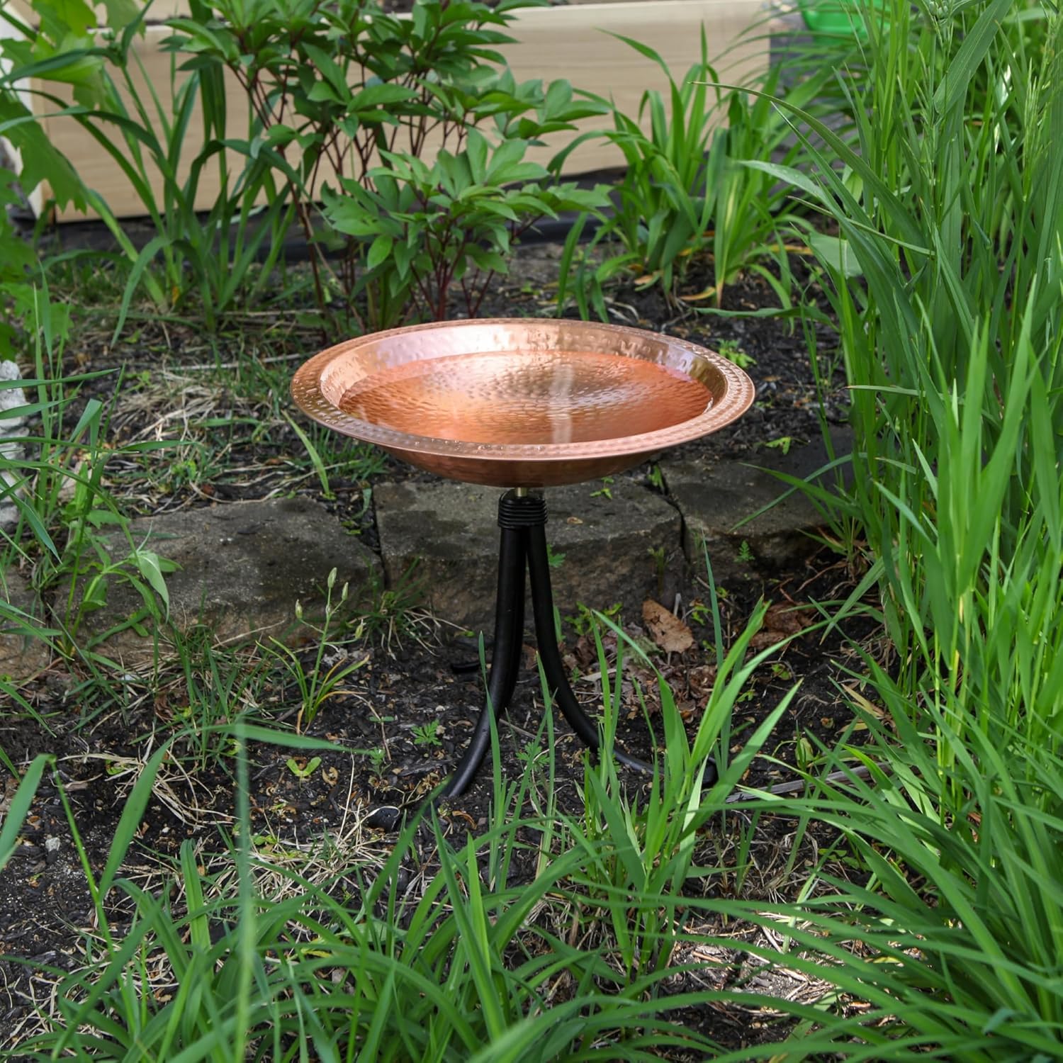 Hammered Solid Copper Birdbath- Tripod Stand