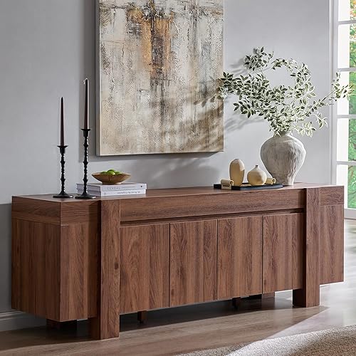 OKD Modern Farmhouse 70" TV Stand, Entertainment Center for TVs Up to 80 Inch, Media Console with Hidden Storage Cabinets, Thick Wood Design for Living Room, Walnut