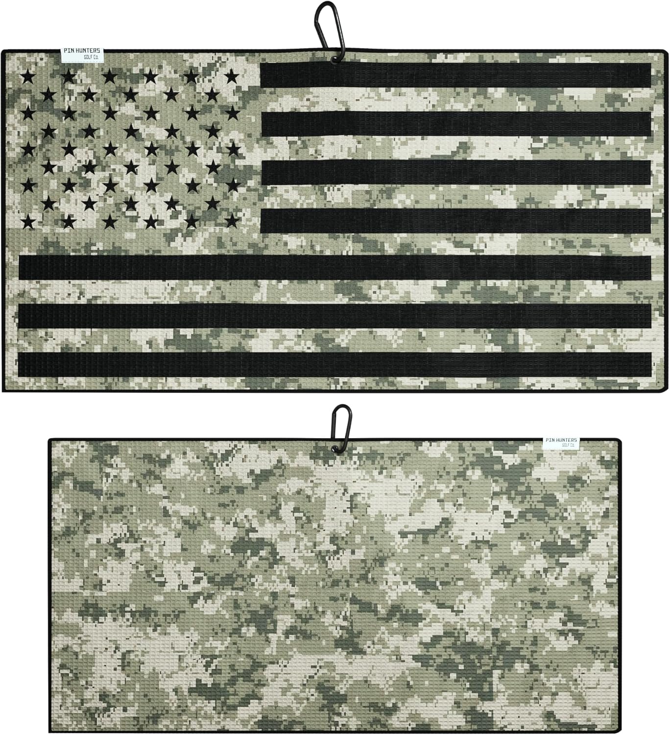 Pin Hunters American Flag Microfiber Golf Towel | Hunters Camo | Premium Waffle Towel with Clip | Large 31"×15.5" Towel for Golf Bags | Accessories for Men | Fun Gift for Husband | USA Pride