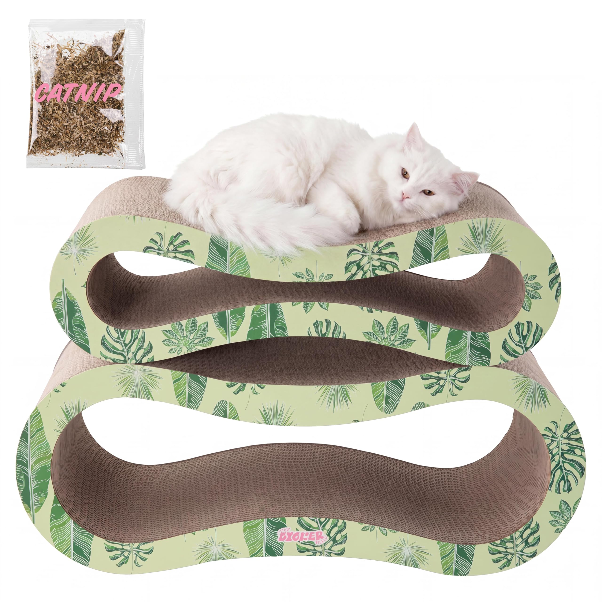 THE LICKER Store Suvi 26" Modern Cardboard Infinity 2-in-1 Lounge Bed Cat Scratcher with Catnip, Green Leaf, Corrugated Scratching Surface and Tunnel for Indoor Cats CSR1014I