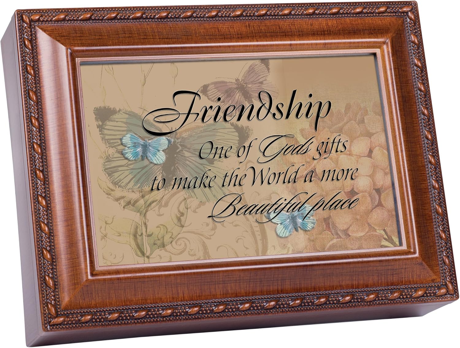 Cottage Garden Friendship Butterflies Woodgrain Rope Trim Music Box Plays That's What Friends are for