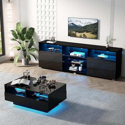 Miniatura 4 de SUSSURRO Soporte de TV LED para TV de 5055 pulgadas, consola central de mesa de televisión con cajón y luces LED, centro de entretenimiento moderno